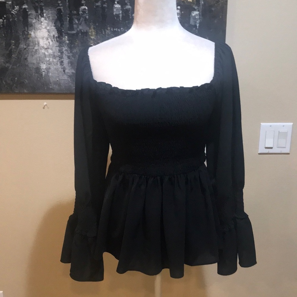 Women's Black Peasant Off the Shoulder Top Elastic Waist Puff Bell Sleeves-M